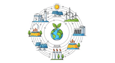 Obraz premium Renewable energy sources and pollution sources forming a cycle around planet Earth.