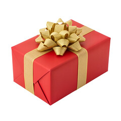 Obraz premium Red gift box with gold ribbon and bow wrapped present for Christmas or birthday Isolated on transparent background, png
