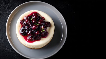 Delicious cheesecake dessert topped with mixed berry compote on a grey plate on dark background for culinary blog or bakery promotion