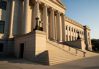 Majestic neoclassical building entrance bathed in warm golden hour sunlight, showcasing grand columns and expansive stone staircase leading to a prominent doorway