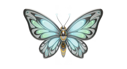 Stylized Metallic Butterfly with Iridescent Blue and Green Wings insect silver isolated on a transparent background