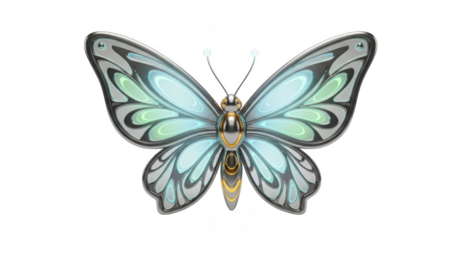 Stylized Metallic Butterfly with Iridescent Blue and Green Wings insect silver isolated on a transparent background