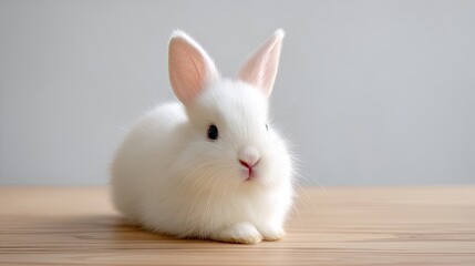 Obraz premium Cute fluffy white rabbit sitting on a wooden surface with soft lighting, showcasing its adorable features and gentle expression in a serene setting