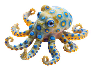 A blueringed octopus, a small but highly venomous marine animal, is shown isolated on a transparent background, highlighting its distinctive blue and yellow rings