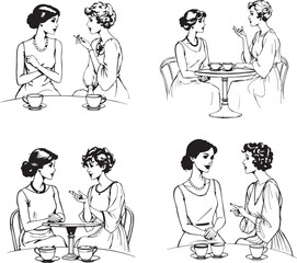 Young women friends drinking hot coffee and talking doodle line breakfast