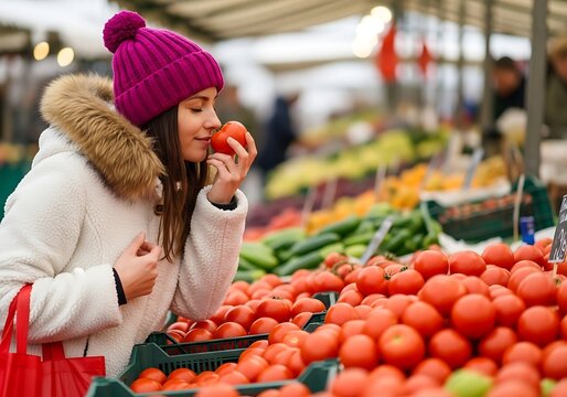 Young woman in winter clothing smelling fresh tomatoes at a vibrant outdoor farmers market, farmers market, buying vegetables, woman buying produce, woman in market, local food, organic produce