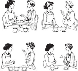 Young women friends drinking hot coffee and talking doodle line breakfast