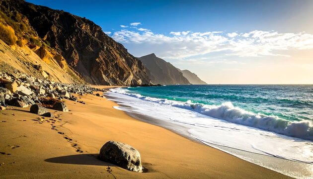 Sandy beach nestled between rocky cliffs and a blue sea under a partly cloudy sky, with gentle waves. Footprints in the sand