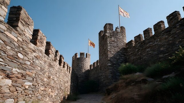 An ancient stone fortress with crenellated walls and towers featuring flags flying under a clear blue sky