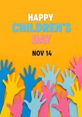 Vibrant 'Happy Children's Day' Design with Colorful Hands on a Yellow Background