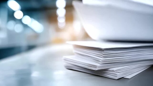 Stack of papers and envelopes in defocused printing facility, faceless mailing production, modern visualization detail, blurred facility background, printing operations concept, ma