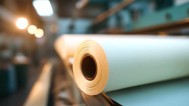 Offset press running paper roll with defocused production line, faceless magazine printing, industrial visualization detail, blurred printer background, publishing production conce
