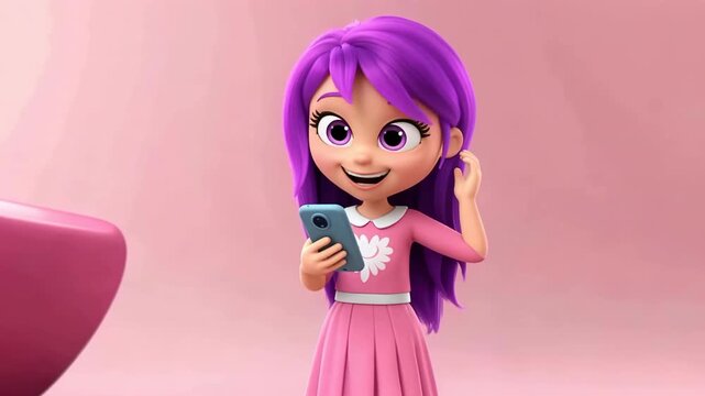 Cute 3D animated girl with purple hair using a smartphone, expressing various emotions on a pink background.