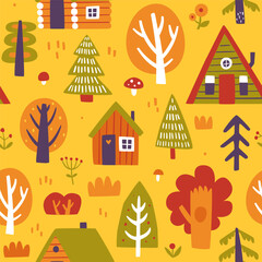 Autumn pattern with tree and forest cabins. Seamless fall vector print with woodland.