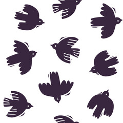 Stamp pattern with flying birds. Folk seamless vector print with abstract birds silhouette.