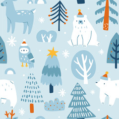 Winter forest pattern with cute animals. Seamless vector christmas print for wrapping.