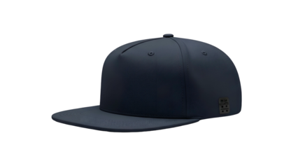 Dark blue flat brim baseball cap displayed against a solid black background