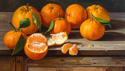 Realistic painting of ripe oranges, some with leaves, arranged on a weathered wooden surface. One orange is partially peeled