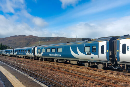 Fort William, Scotland - September 18 2025: A Caledonian Sleeper train in the train station. It operates sleeper trains from London to different Scottish locations.