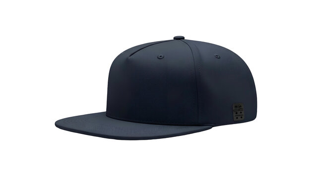 Dark blue flat brim baseball cap displayed against a solid black background