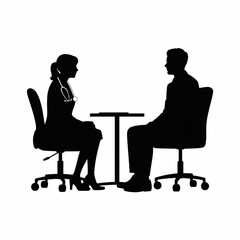 Black and white medical consultation silhouette, female doctor with stethoscope and male patient sitting across table, minimalist design, professional healthcare discussion, clean contrast.