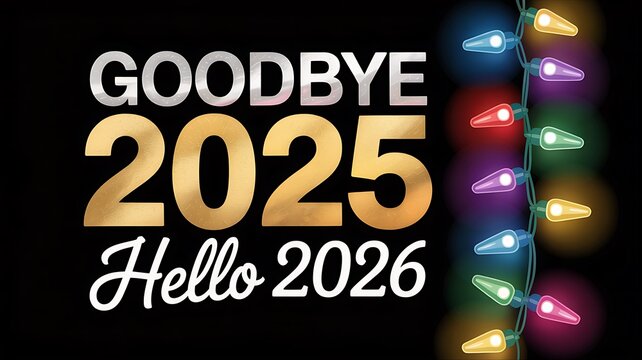 Goodbye 2025 and Hello 2026 celebration with string lights