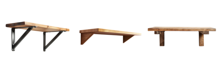 Wooden shelves displayed with varying bracket support systems in studio lighting