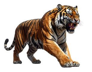 Fototapeta premium Saber-Toothed Tiger Side Profile, Mid-Roar, Pouncing Pose, Isolated
