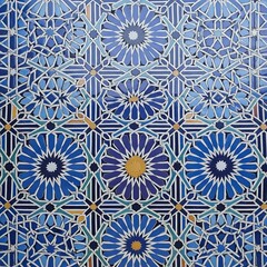 Intricate geometric mosaic pattern with vibrant blue and yellow tiles creating a captivating ornamental Blue Background