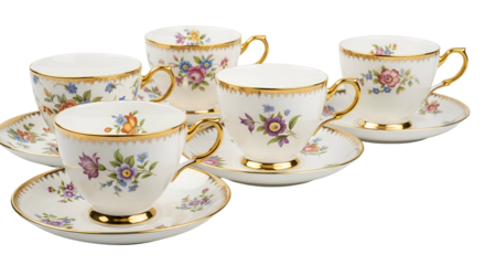 Five porcelain teacups with saucers feature intricate floral decorations and gold trim