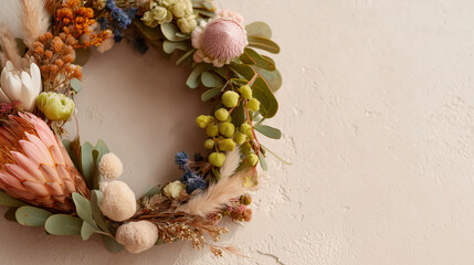 Delicate dried-flower wreath in pastel tones with a textile ribbon — romantic decor for weddings, florists and window displays.