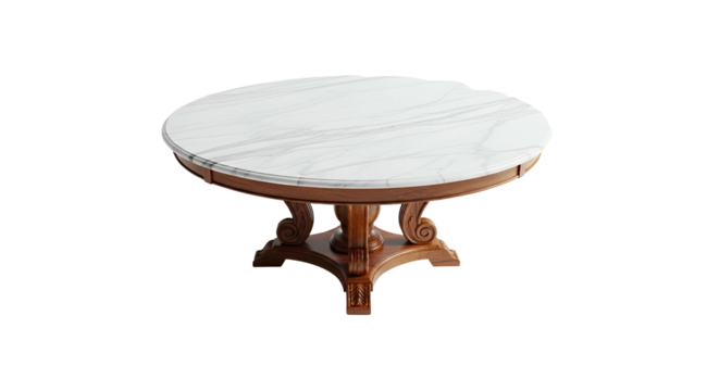 Ornate wooden pedestal dining table features a round white marble top with distinct veining