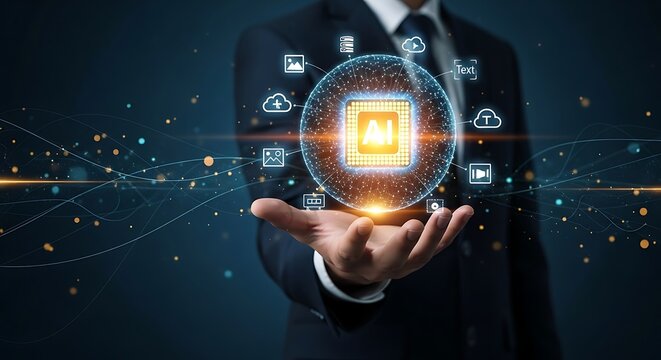 AI Technology in Hand: Man Holding Glowing Microchip with Digital Icons