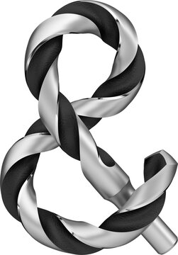 Ampersand Shaped from Steel Drill Bit. Industrial Symbol of Strength, Labor, and Craftsmanship. Realistic 3D isolated illustration