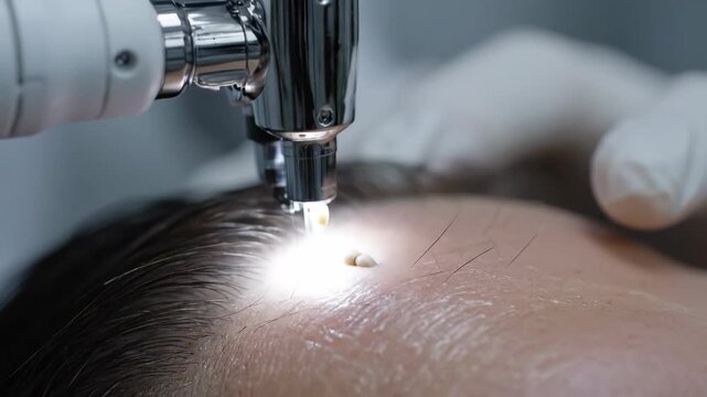 Hair follicle medical examination with digital trichoscope tool for aesthetic medicine diagnosis and treatment of hair loss footage.