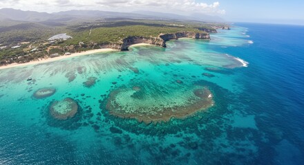 Aerial perspective captures vibrant turquoise ocean waters meeting lush coastal cliffs and sandy shorelines