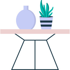 Light Pink Table Top With Blue Vase And Potted Plant In Dark Gray Geometric Base Minimalist Flat Graphic Design