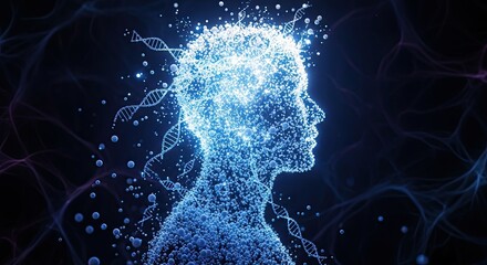 Luminous human silhouette composed of glowing particles and swirling DNA strands, symbolizing genetic science and human potential in a dark, futuristic setting.