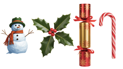 Festive winter holiday objects against transparent backdrop