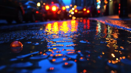 Rainy city street puddle reflections at night