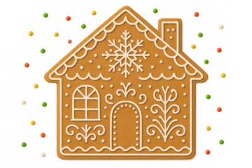 Gingerbread house cookie decorated with intricate white icing patterns and festive sprinkles, symbolizing christmas and winter holidays