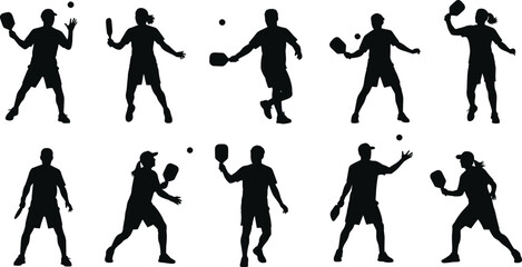 Pickleball players silhouettes, paddle action poses, dynamic movement, sports illustration, active lifestyle, fitness game, outdoor recreation, competitive match, athletic figures, energetic play