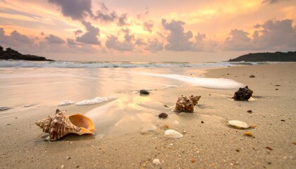 Scenic beach with seashells glistening on wet sand at sunset. Calm waves roll in, creating a tranquil and peaceful ambiance. Cloudy sky