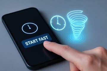 Longevity-Healthy Lifespan, Finger taps "START FAST" on a smartphone; holographic clock and vortex symbolize instant launch, speed and app performance.