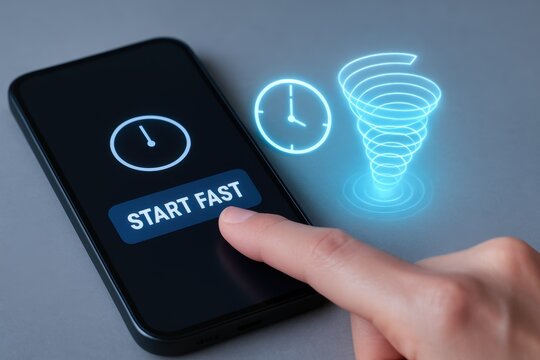 Longevity-Healthy Lifespan, Finger taps "START FAST" on a smartphone; holographic clock and vortex symbolize instant launch, speed and app performance. - Powered by Adobe