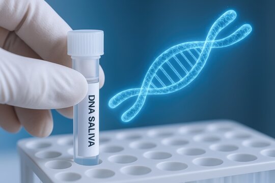 Longevity-Healthy Lifespan, Gloved hand holding a saliva DNA sample vial over a lab tube rack with a glowing DNA helix illustration.