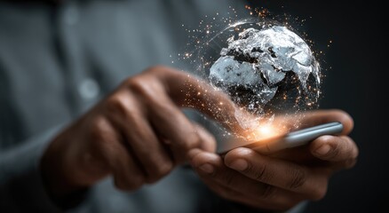 Person holding a smartphone with a glowing digital globe and network connections emanating from it, symbolizing global communication and technology.