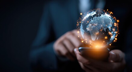 Global connectivity: Man holding phone with digital globe overlay.