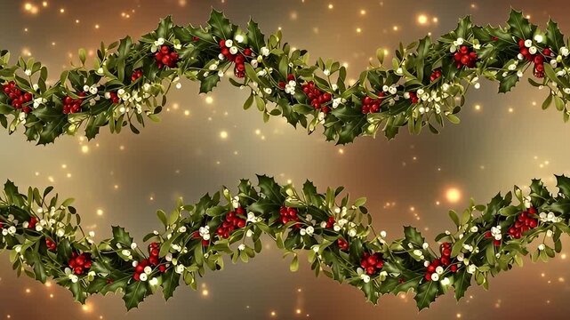 Festive Holly and Mistletoe Garland with Sparkling Lights on Golden Background