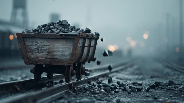 Coal Mine Cart on Rails. Energy Production, Industrial Simplicity, Mechanical Design.
